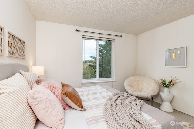 carpeted bedroom with a textured ceiling