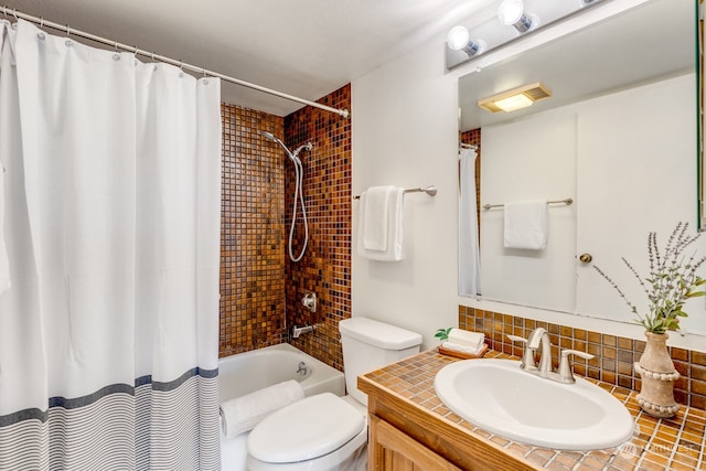 full bathroom with shower / bath combo, tasteful backsplash, toilet, and vanity