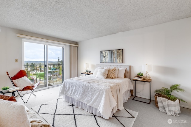 carpeted bedroom with a textured ceiling and access to exterior