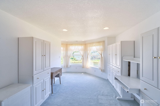 mudroom with a textured ceiling and light carpet