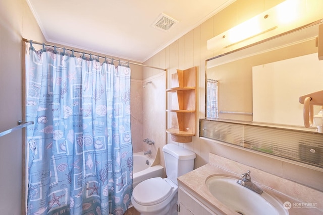 full bathroom featuring ornamental molding, toilet, shower / tub combo, and vanity with extensive cabinet space