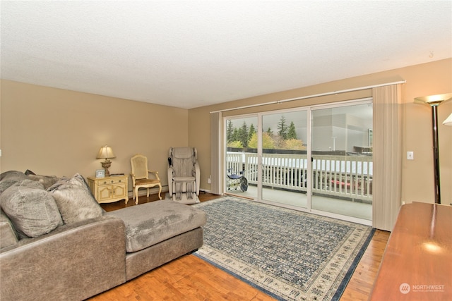 living room featuring a textured ceiling and hardwood / wood-style flooring