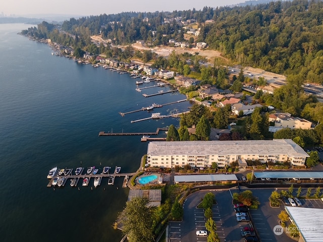 bird's eye view with a water view