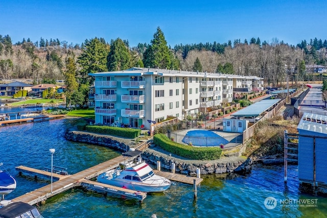 exterior space with a water view