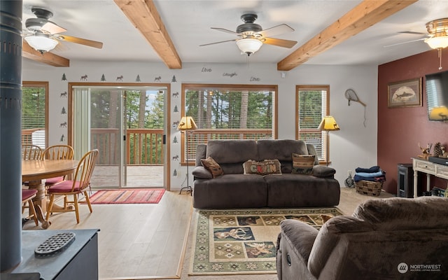 living room with beamed ceiling, ceiling fan, hardwood / wood-style flooring, and a wealth of natural light