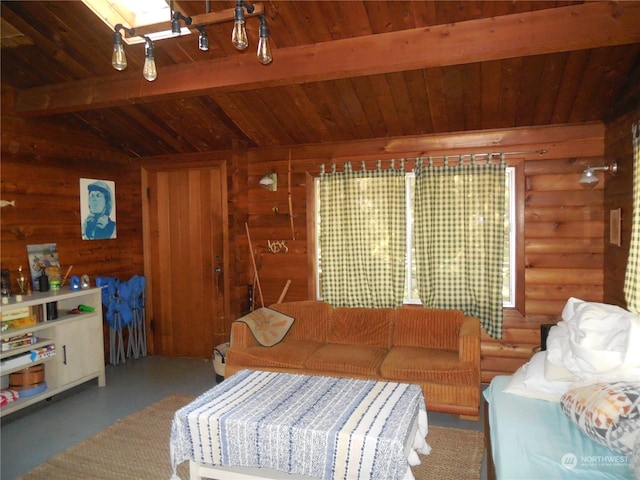 living room with lofted ceiling with beams, wood walls, rustic walls, and wood ceiling