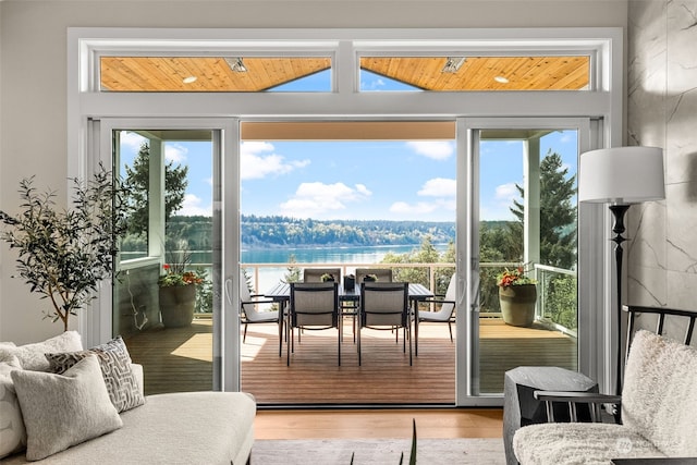 doorway featuring light hardwood / wood-style floors, a water view, and a wealth of natural light