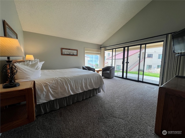 carpeted bedroom with access to outside, a textured ceiling, and lofted ceiling