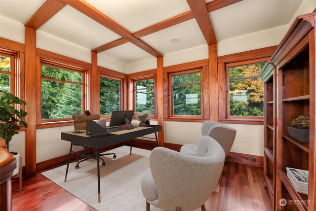 office with hardwood / wood-style floors, beamed ceiling, and coffered ceiling