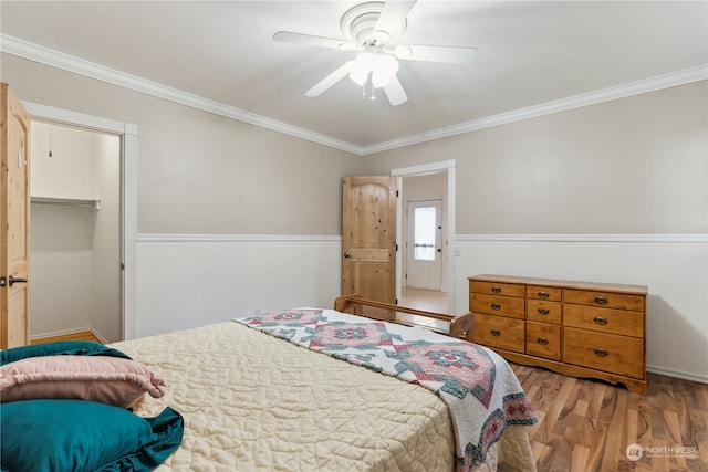 bedroom featuring ornamental molding, light hardwood / wood-style floors, ceiling fan, and a spacious closet