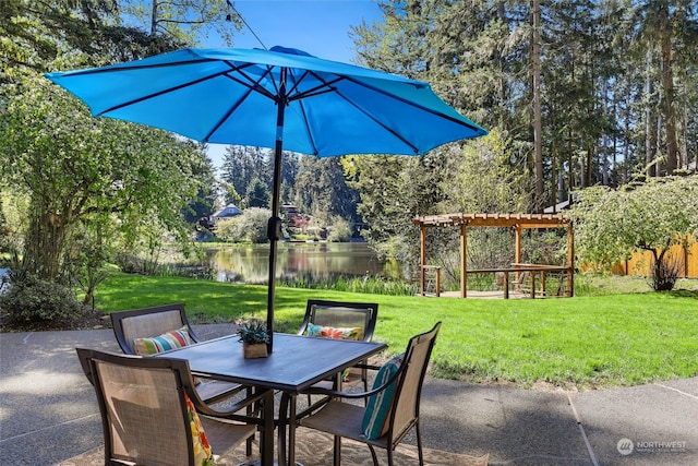 view of patio / terrace featuring a water view and a pergola