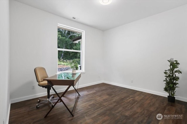 office space featuring dark wood-type flooring