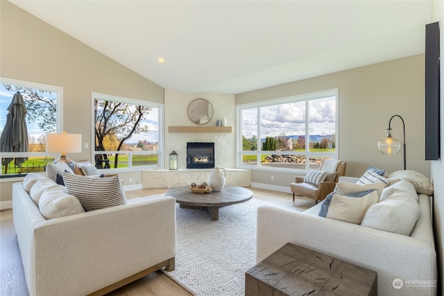 living room with lofted ceiling and light hardwood / wood-style flooring