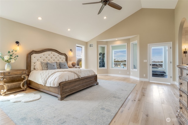 bedroom with high vaulted ceiling, access to outside, light hardwood / wood-style floors, and ceiling fan