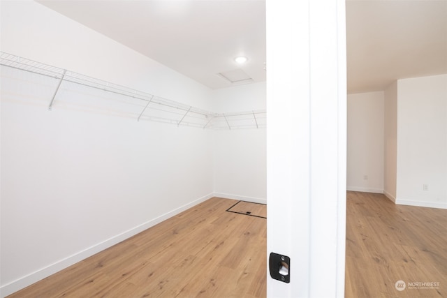 walk in closet with light wood-style flooring