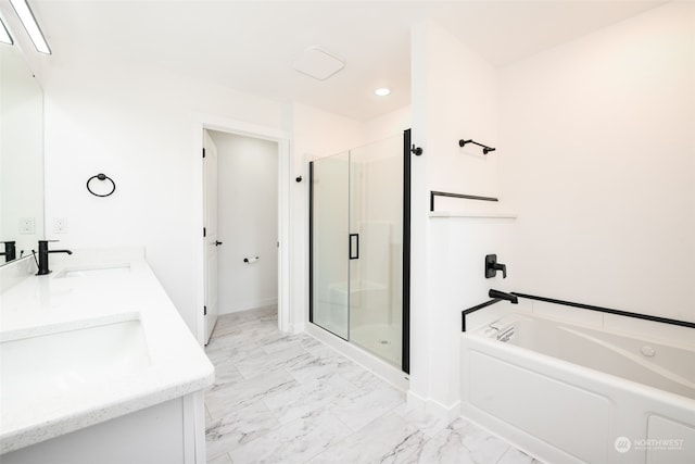 bathroom with dual bowl vanity, tile flooring, and separate shower and tub