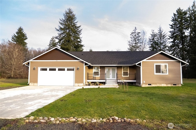 single story home with a garage, concrete driveway, crawl space, covered porch, and a front lawn