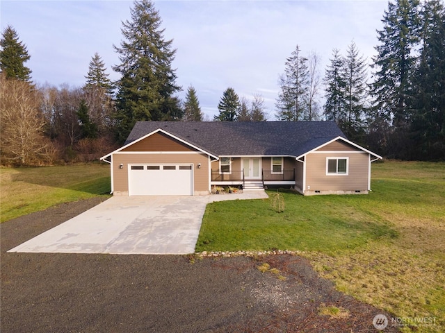 ranch-style house with covered porch, an attached garage, a front yard, crawl space, and driveway