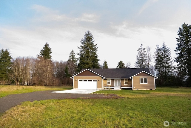 single story home with a garage, crawl space, a front lawn, and concrete driveway