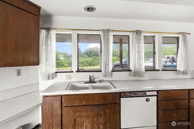 kitchen featuring dark brown cabinetry, a wealth of natural light, dishwasher, and sink