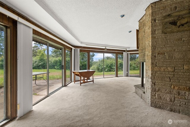 unfurnished sunroom featuring a fireplace