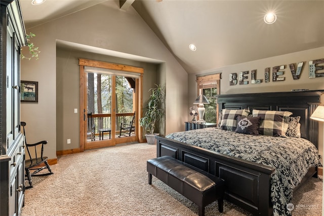 carpeted bedroom with access to exterior and high vaulted ceiling