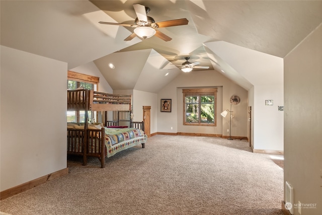 carpeted bedroom featuring ceiling fan and lofted ceiling