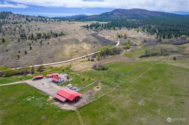 birds eye view of property with a rural view and a mountain view