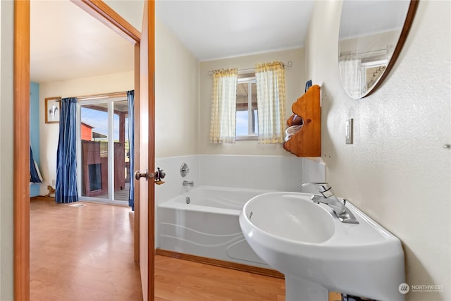 bathroom featuring wood-type flooring, a bathing tub, and sink