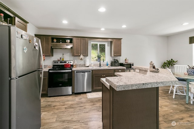 kitchen featuring a kitchen island, appliances with stainless steel finishes, sink, and light wood-type flooring