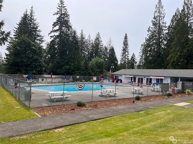 view of swimming pool featuring a patio area and a lawn