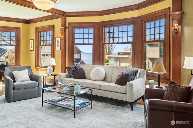 living room with ornamental molding and a water view