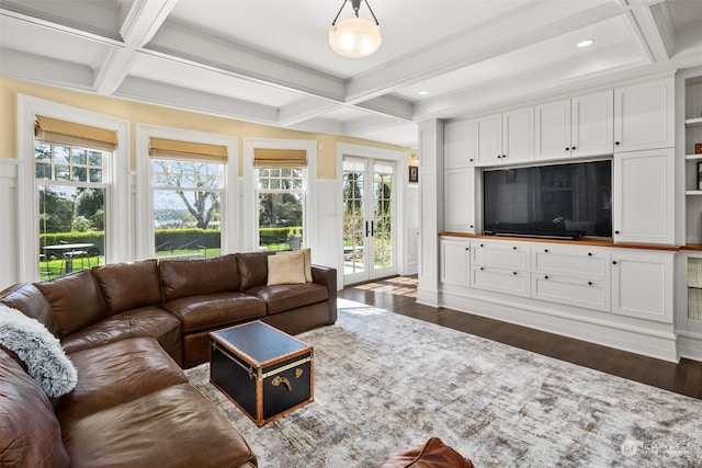 living room featuring french doors, coffered ceiling, dark hardwood / wood-style flooring, and beam ceiling