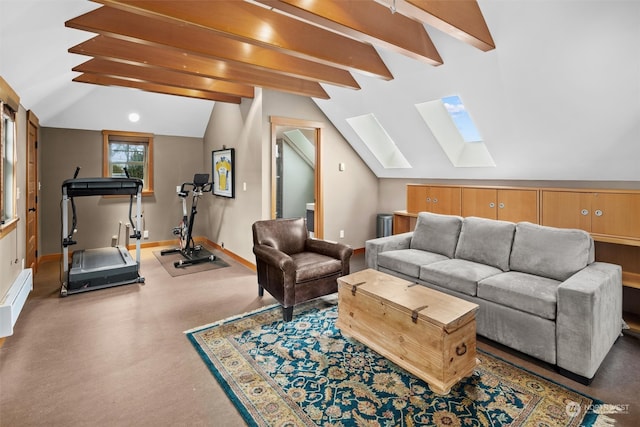 living room featuring lofted ceiling with skylight