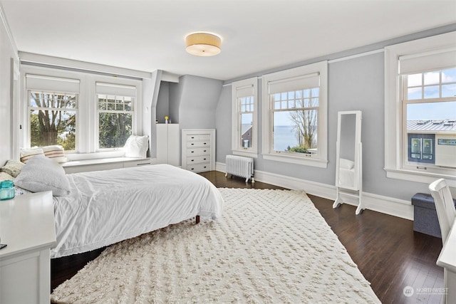 bedroom with radiator heating unit, multiple windows, baseboards, and dark wood-style floors