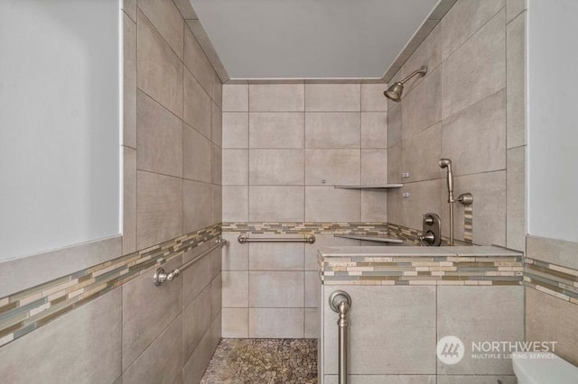 bathroom with toilet and a tile shower