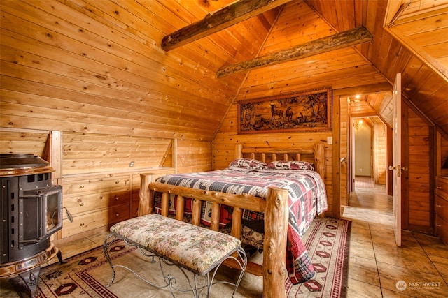 tiled bedroom featuring vaulted ceiling with beams, wood ceiling, wood walls, and a wood stove