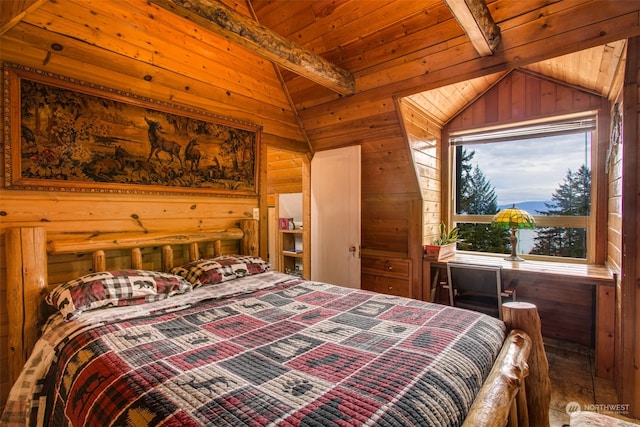 bedroom featuring wood ceiling, lofted ceiling with beams, and wood walls