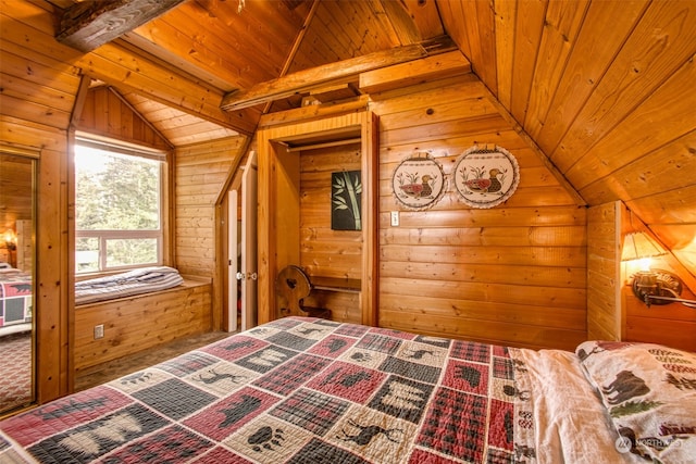 bedroom featuring lofted ceiling with beams, wooden ceiling, and wood walls