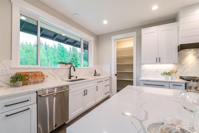 kitchen with white cabinets, dishwasher, backsplash, and sink