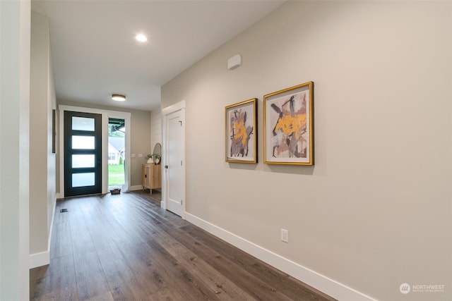 entryway with dark wood-type flooring