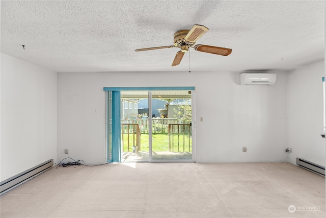 unfurnished room featuring baseboard heating, a wall unit AC, light colored carpet, ceiling fan, and a textured ceiling