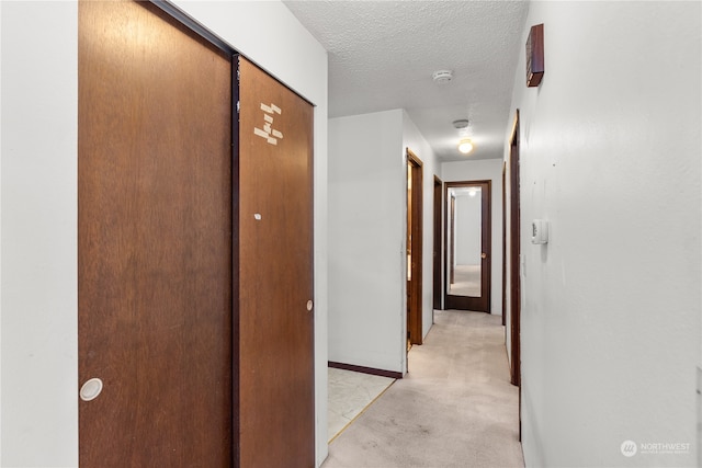 hall featuring light carpet and a textured ceiling