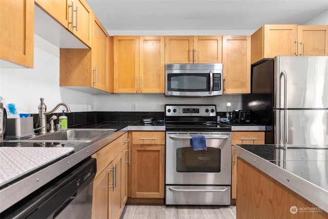 kitchen with appliances with stainless steel finishes, light hardwood / wood-style flooring, and sink