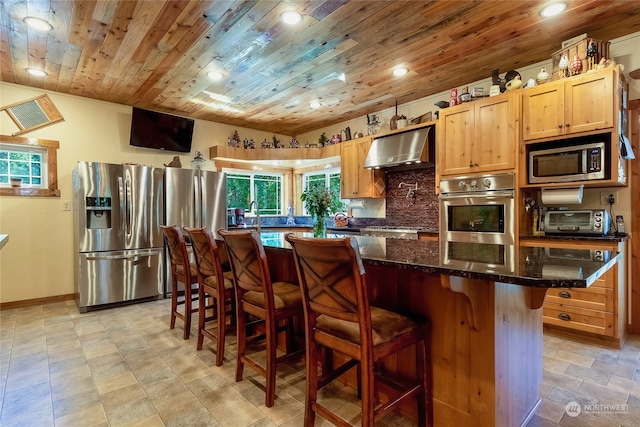 kitchen with plenty of natural light, wall chimney range hood, stainless steel appliances, wood ceiling, and a kitchen island