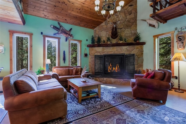 living room with a chandelier, high vaulted ceiling, wooden ceiling, and a fireplace