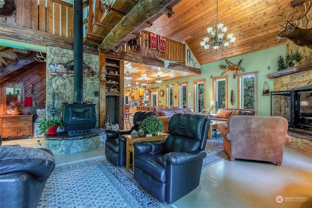 interior space featuring wood ceiling, a wood stove, high vaulted ceiling, and an inviting chandelier