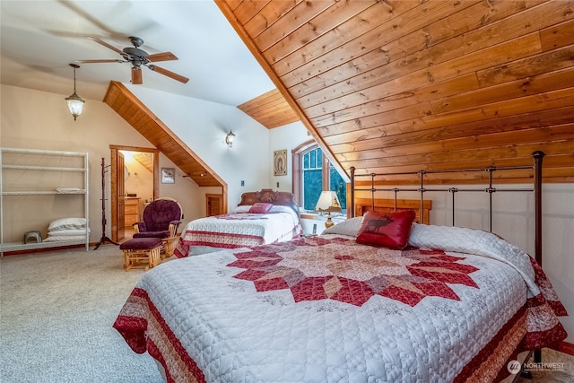 bedroom featuring vaulted ceiling, carpet, ceiling fan, and wooden ceiling