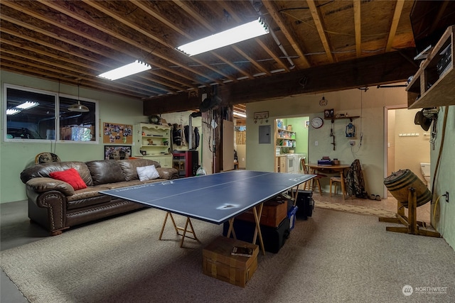 recreation room featuring carpet flooring