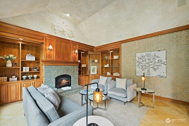 tiled living room featuring a stone fireplace, high vaulted ceiling, and built in shelves